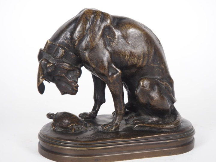 Alfred JACQUEMART.  "le chien à la tortue" Sujet en bronze à patine br