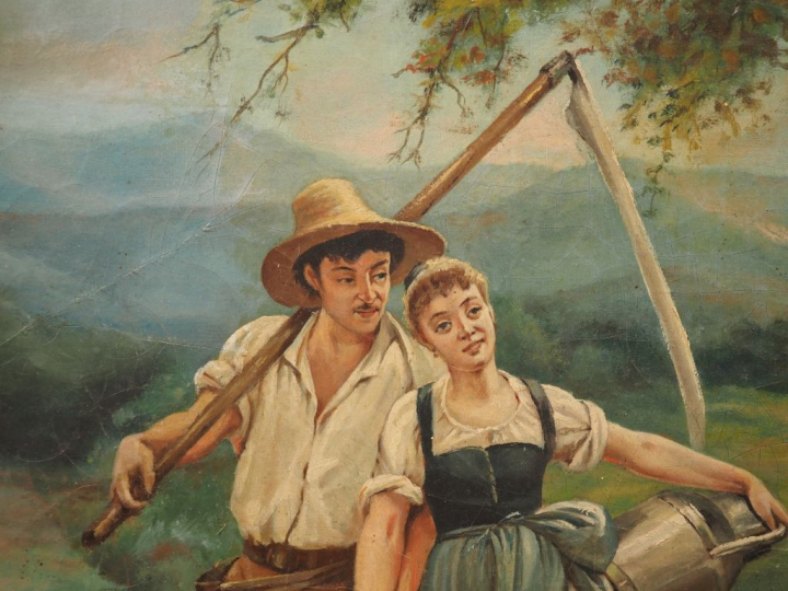 JULIA. "paysans sur un chemin de campagne" Huile sur toile, signée en 