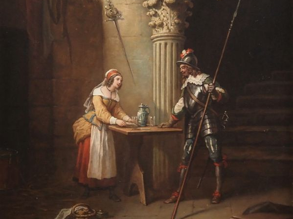 Henri le COMTOIS. « Servante et garde dans le château » Huile sur toil