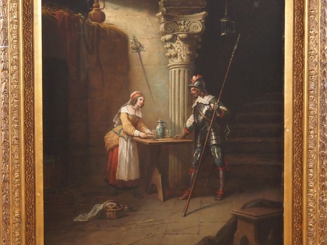 Henri le COMTOIS. « Servante et garde dans le château » Huile sur toil