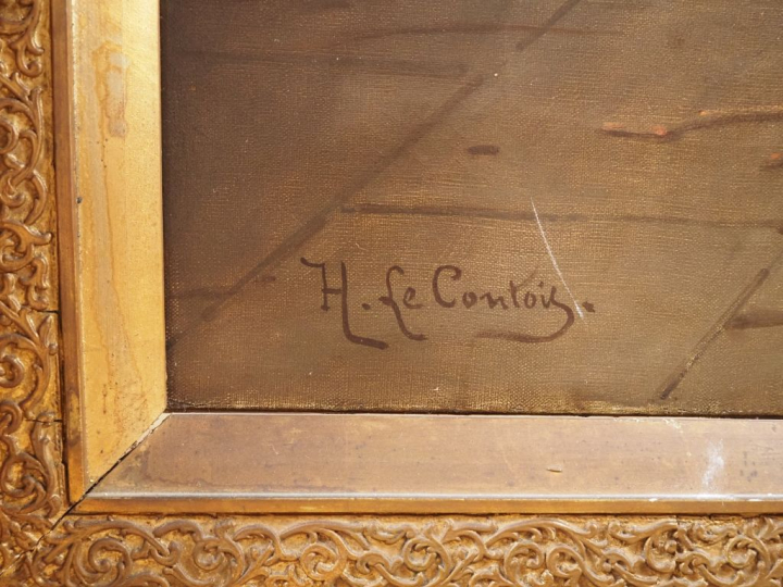 Henri le COMTOIS. « Servante et garde dans le château » Huile sur toil