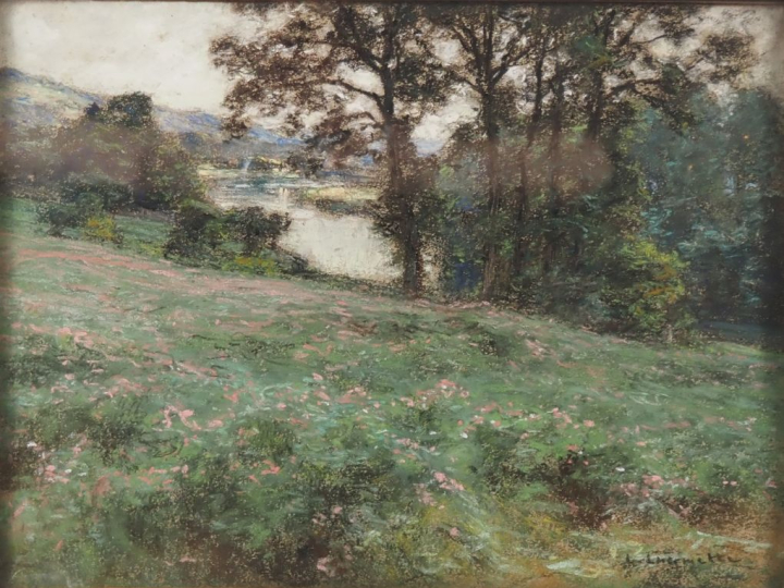 Léon  LHERMITTE (1844-1925). "Coteau fleuri au bord de la rivière" Pas