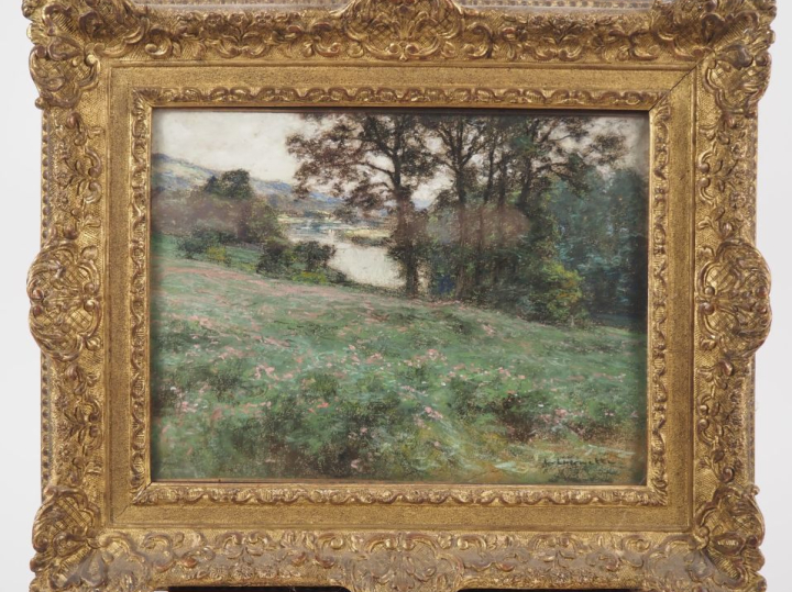 Léon  LHERMITTE (1844-1925). "Coteau fleuri au bord de la rivière" Pas
