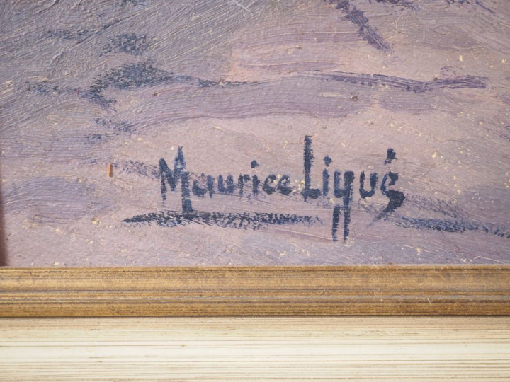 Maurice LIGUE.  "bouquet de pivoines sur fond de paysage Huile sur pan