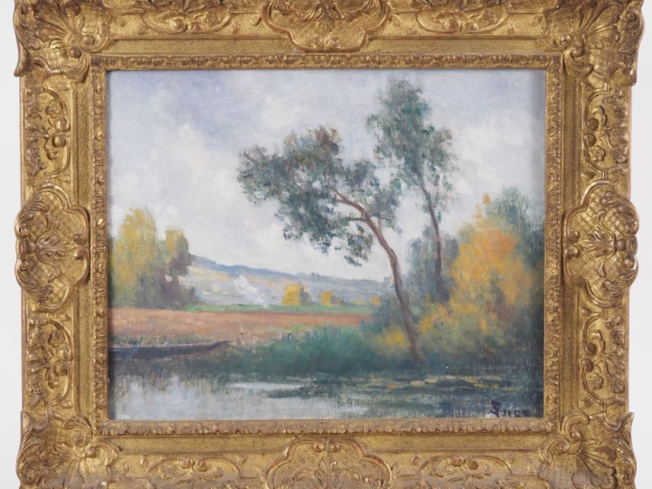 Maximilien LUCE (1858-1941). "Arbres au bord de l'eau et barque" Huile
