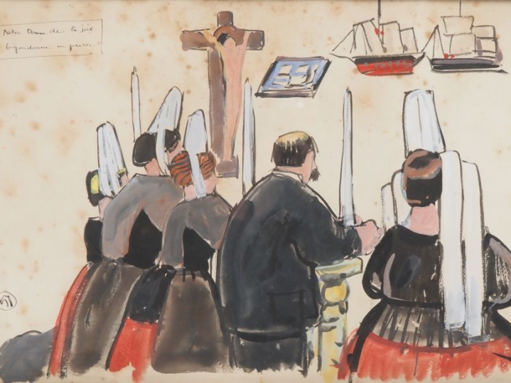 Mathurin MEHEUT.  "famille bigoudène en prière, chapelle Notre Dame de