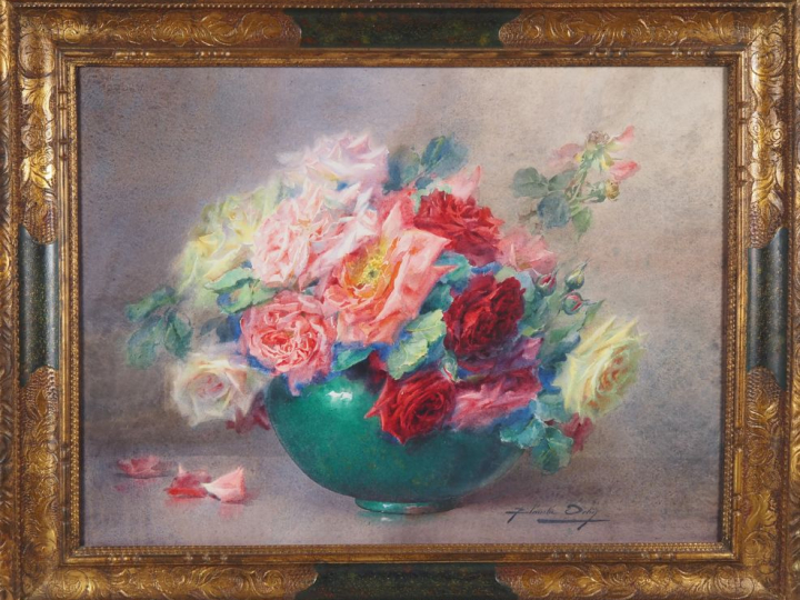 Blanche ODIN.  "bouquet de roses dans un vase en terre vernissée vert"