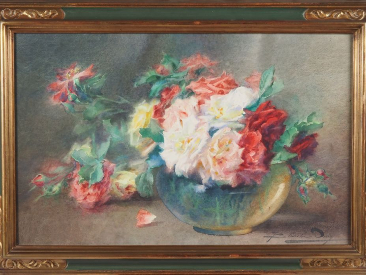 Blanche ODIN.  "bouquet de roses dans un vase en verre" Aquarelle, sig
