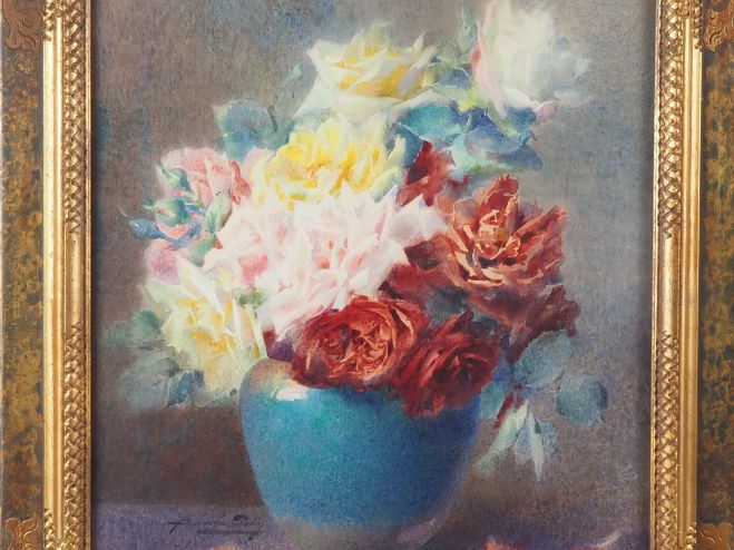 Blanche ODIN.  "bouquet de roses dans un vase" Aquarelle, signée en ba