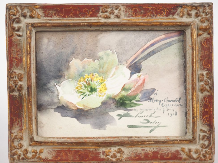 Blanche ODIN.  "fleurs" Aquarelle, signée en bas à droite dédicacée et