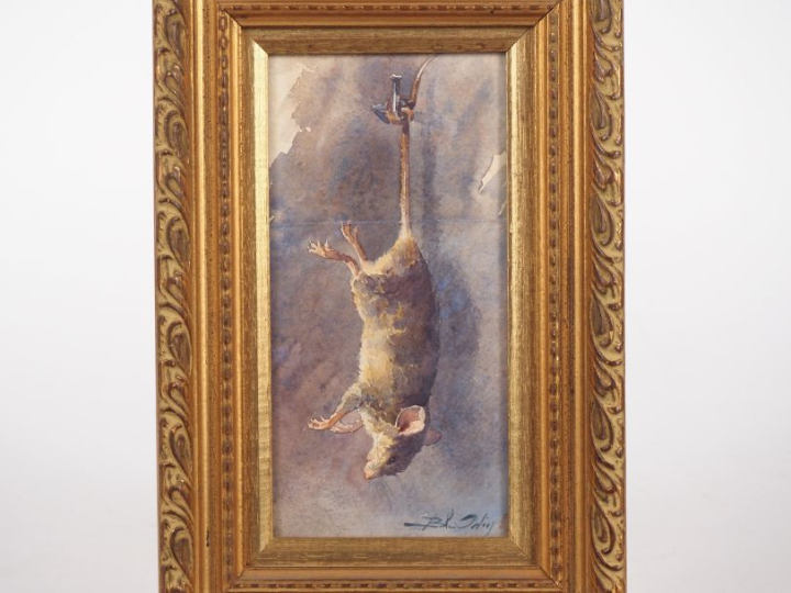 Blanche ODIN.  "Souris pendue par la queue" Aquarelle, signée en bas à