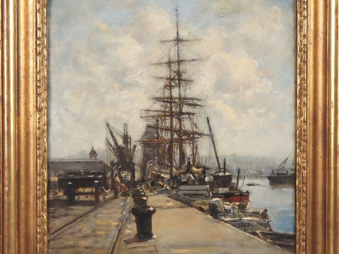 Charles François PÉCRUS (1826-1907). "Bateaux à quai", Rouen, 1892 Hui
