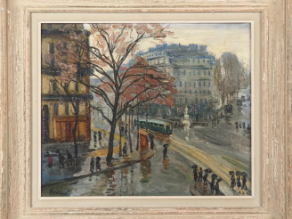 Vente aux enchères Jean PESKÉ (1870-1949). "La ville par temps de pluie", Paris? Huile su