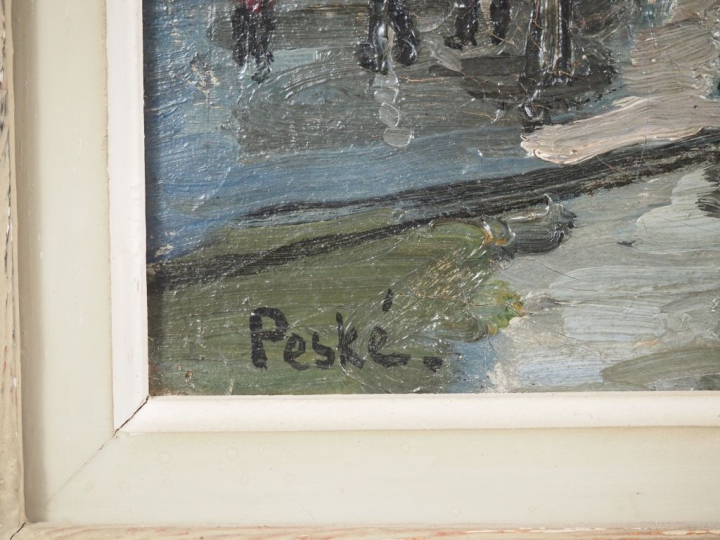 Jean PESKÉ (1870-1949). "La ville par temps de pluie", Paris? Huile su
