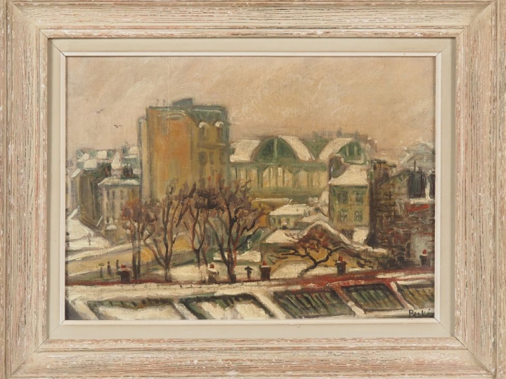 Jean PESKÉ (1870-1949). "La ville enneigée" Huile sur toile. Signée en