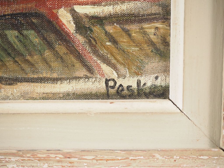 Jean PESKÉ (1870-1949). "La ville enneigée" Huile sur toile. Signée en