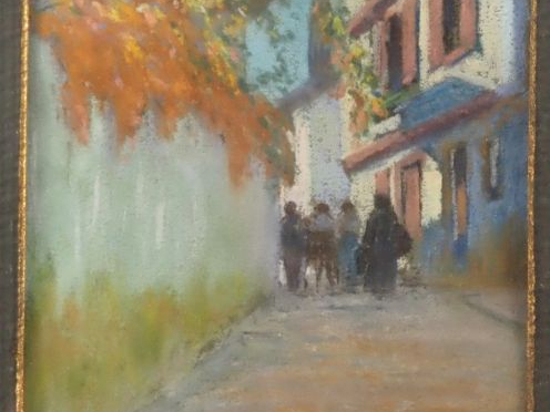 PERICO RIBERA.  "rue à Ciboure" Pastel, signé en bas à droite et daté 