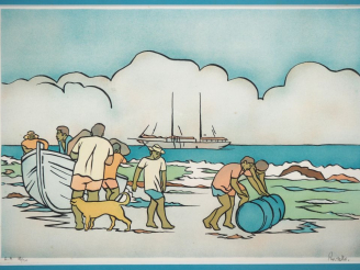 Vente aux enchères RAVELLO. (peintre de Tahiti) "les marins de Tahiti" Lithographie, sign