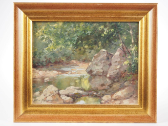 Vente aux enchères Albert REGAGNON.  "Lorp à Sentaraille" Huile sur panneau, signée en ba