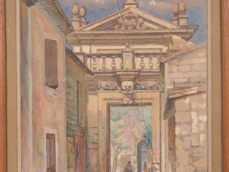 Vente aux enchères Sany SASSY.  "Porte de ville provencale animée" Aquarelle, signée en b