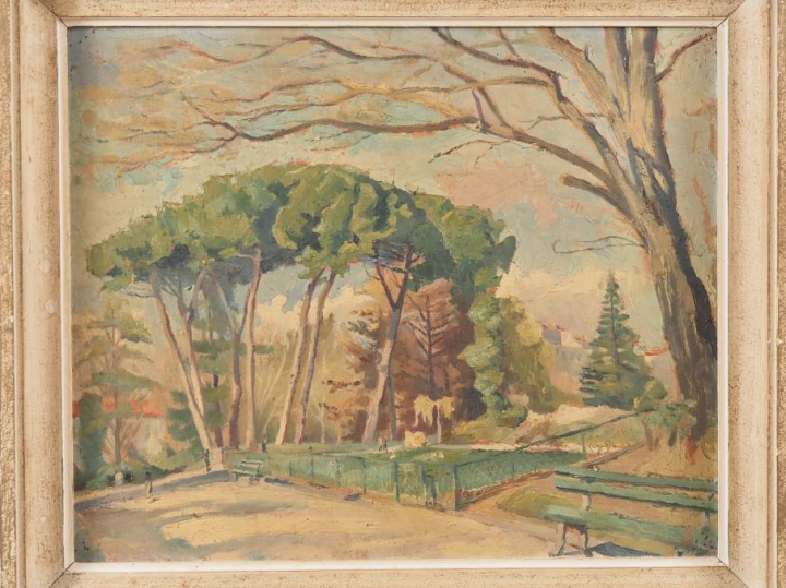 R. TAURINES.  "le parc" et "fleurs" Huile sur panneau, double face sig