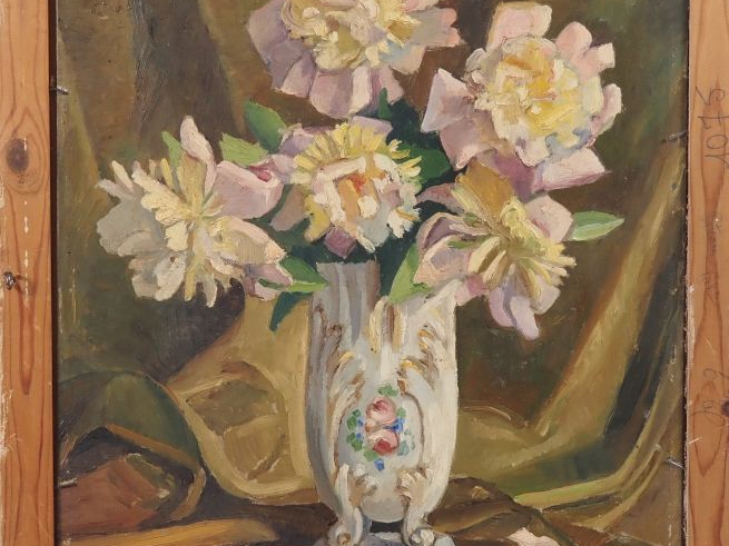 R. TAURINES.  "le parc" et "fleurs" Huile sur panneau, double face sig