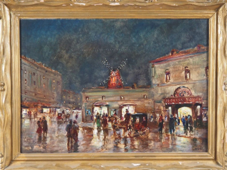 Vente aux enchères E. VILLI.  "Paris, le moulin rouge la nuit" Huile sur toile, signée en