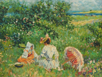 Vente aux enchères G. WATSON. (attribué à) "mère et jeune fille dans un champ de fleurs" 
