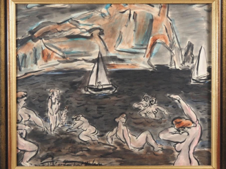 Vente aux enchères Lambert WILSON. "baigneuses à Etretat" Encre et aquarelle, signée en b
