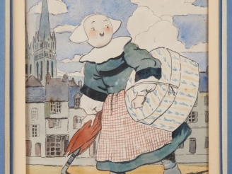 Vente aux enchères Ecole française XXème.  "Bécassine" Aquarelle Dim. À vue : 27,5 x 20,5
