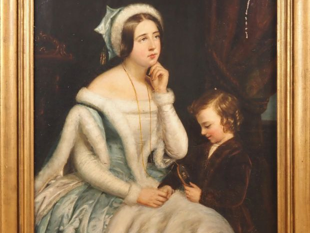 Ecole française XIXème. « Jeune mère et son enfant » Huile sur toile D