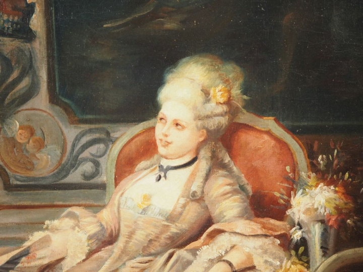 Ecole française XIXème « Scène galante dans un intérieur du XVIIIème »