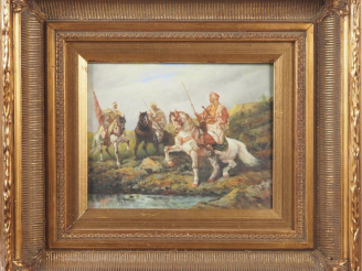 Vente aux enchères Ecole orientaliste XXème. "cavaliers arabes" Huile sur panneau, trace 
