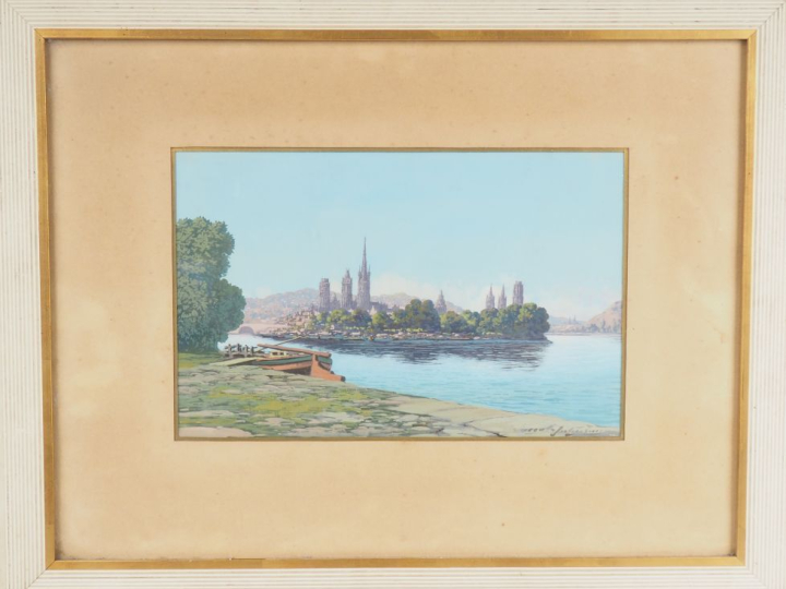 Ecole française début XXème.  "Sanctuaire au bord d'un lac" Gouache, s