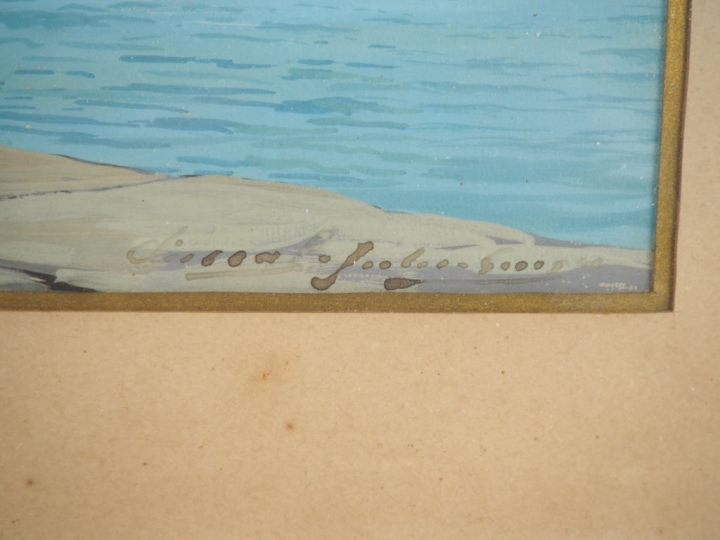 Ecole française début XXème.  "Sanctuaire au bord d'un lac" Gouache, s