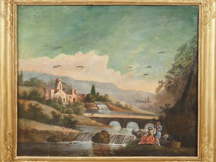 Ecole française XIXème" "paysage animé à la cascade" Huile sur toile D