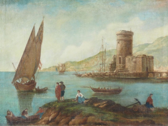 Vente aux enchères Ecole française XIXème. "vue de port animée" Huile sur toile, Dim. 65 