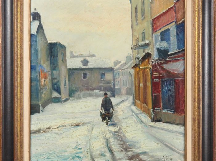Ecole française XXème" "ville animée enneigée" Huile sur toile, signée