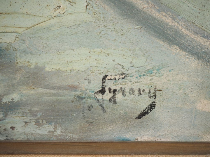 Ecole française XXème" "ville animée enneigée" Huile sur toile, signée