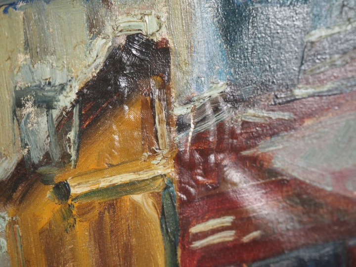 Ecole française XXème" "ville animée enneigée" Huile sur toile, signée