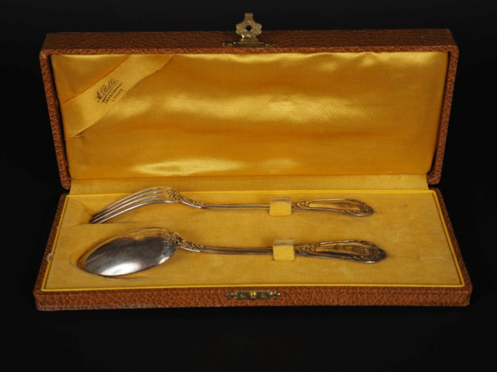 Couvert de naissance en argent et argent doré 925, poinçon Minerve, mo