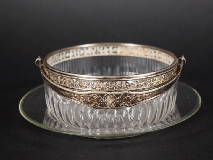 Sucrier à anse et son présentoir en verre taillé et argent 925, poinço