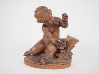 Vente aux enchères René ROD. "bacchus enfant" Sujet en terre cuite  Signé H. 33,5 cm (pet