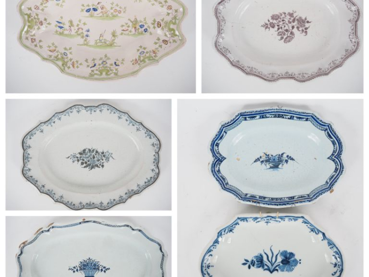 6 différents plats en faience XVIIIème et XIXème à décor polychrome. (
