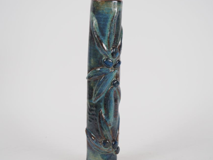 Vase d'applique moderne en grès émaillé en bleu et brun, à décor de pa