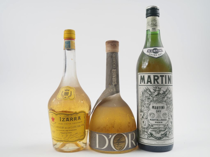 3 BOUTEILLES : 1 LIQUEUR IZARRA / 1 MARTINI EXTRA DRY / 1 LIQUEUR D'OR