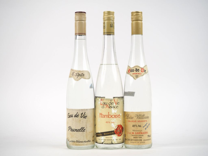 3 BOUTEILLES EAU DE VIE 45% : 1 PRUNELLE E. SPITZ/1 FRAMBOISE D'ALSACE