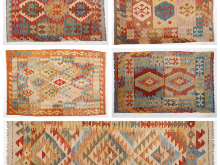 5 petits tapis Kilim, à décor polychrome de motifs géométriques. Dim. 