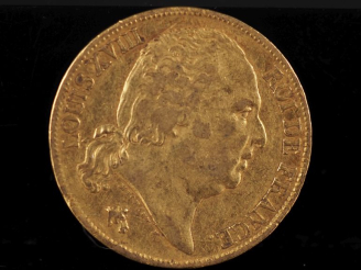Vente aux enchères Pièce de 20 Francs or, Louis XVIII, Roi de France, 1824-A.  FRAIS ACHE