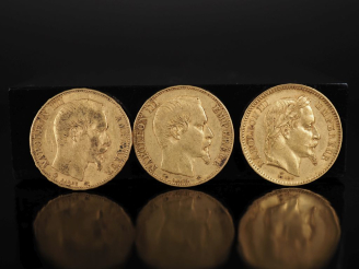 Vente aux enchères Trois pièces de 20 Francs or,  Napoléon III Empereur, 1855-A, 1860-BB 